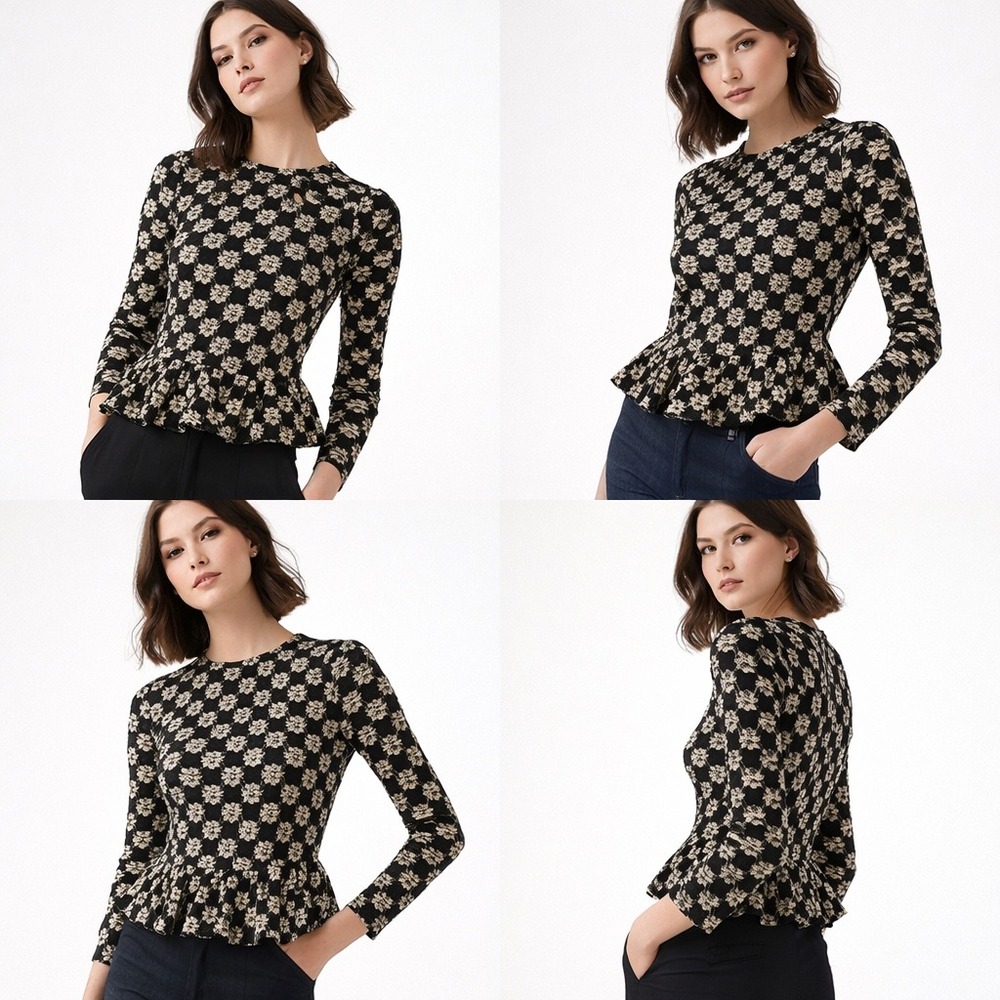 Rebecca‎ Taylor Women Lace Flower Textured Top S Black Floral Peplum Cottagecore